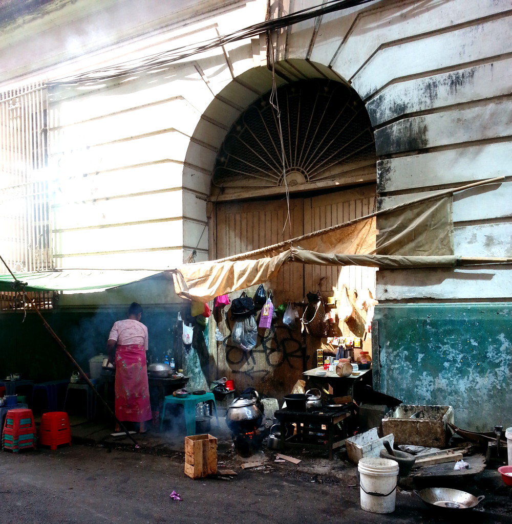 Sidewalk lean-to kitchen in Yangon
