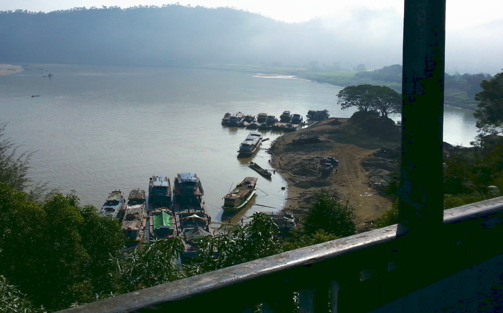 Looking south-east on the Chindwin at Swe Tha Min (Golden Deer) Mountains. Note the junction with the Myittha River on the right.